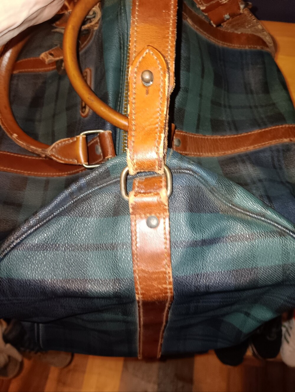 Polo by Ralph Lauren Green and Brown Plaid Leather-Trim Travel Bag With Lock Tag - Picture 5 of 7